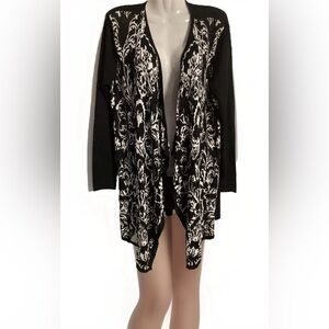 New Directions petite PL boho open front cardigan black and white sweater